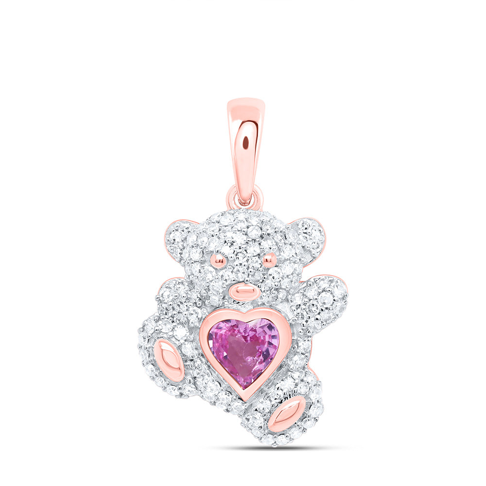 3/8CTW-NAT DIA NK 5MM HS-PINK SAPP NAT GEM HEART TEDDY BEAR PENDANT Daisy Joyeria