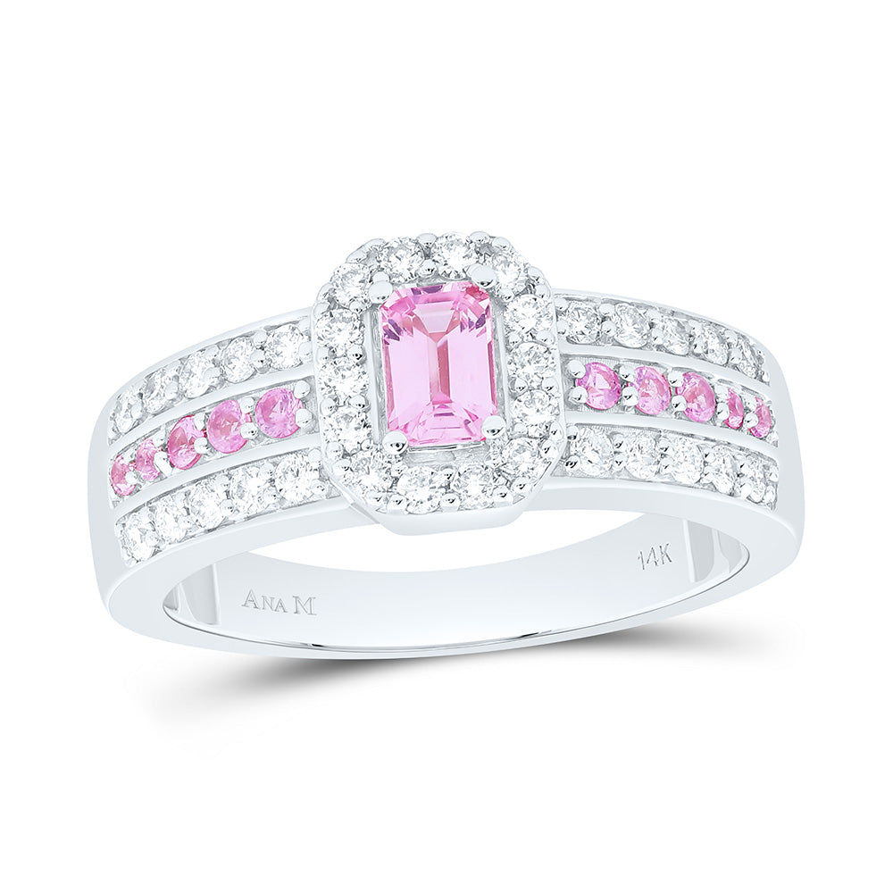 3/8CTW-NAT DIA ANA M 1/8CTW-RD-PINK SAPP, 5X3MM EM-PINK SAPP NAT GEM EMERALD RING Daisy Joyeria