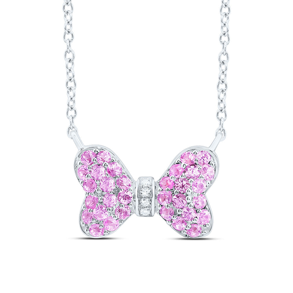 0.02CTW-NAT DIA CN 1/2CTW-RD-PINK SAPP NAT GEM BOW NECKLACE (18 INCH) Daisy Joyeria