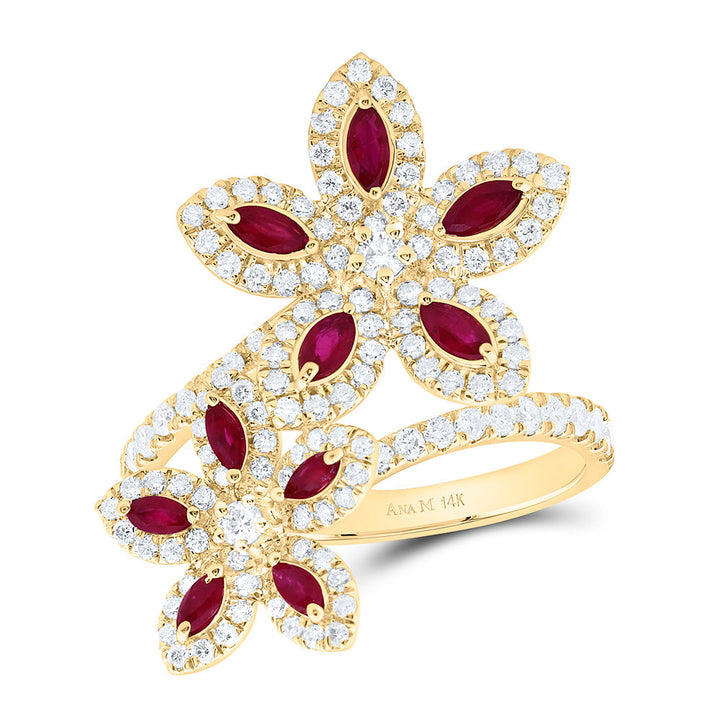 3/4CTW-NAT DIA ANA M 1/2CT-MQ-RU NAT GEM FLOWER RING Daisy Joyeria