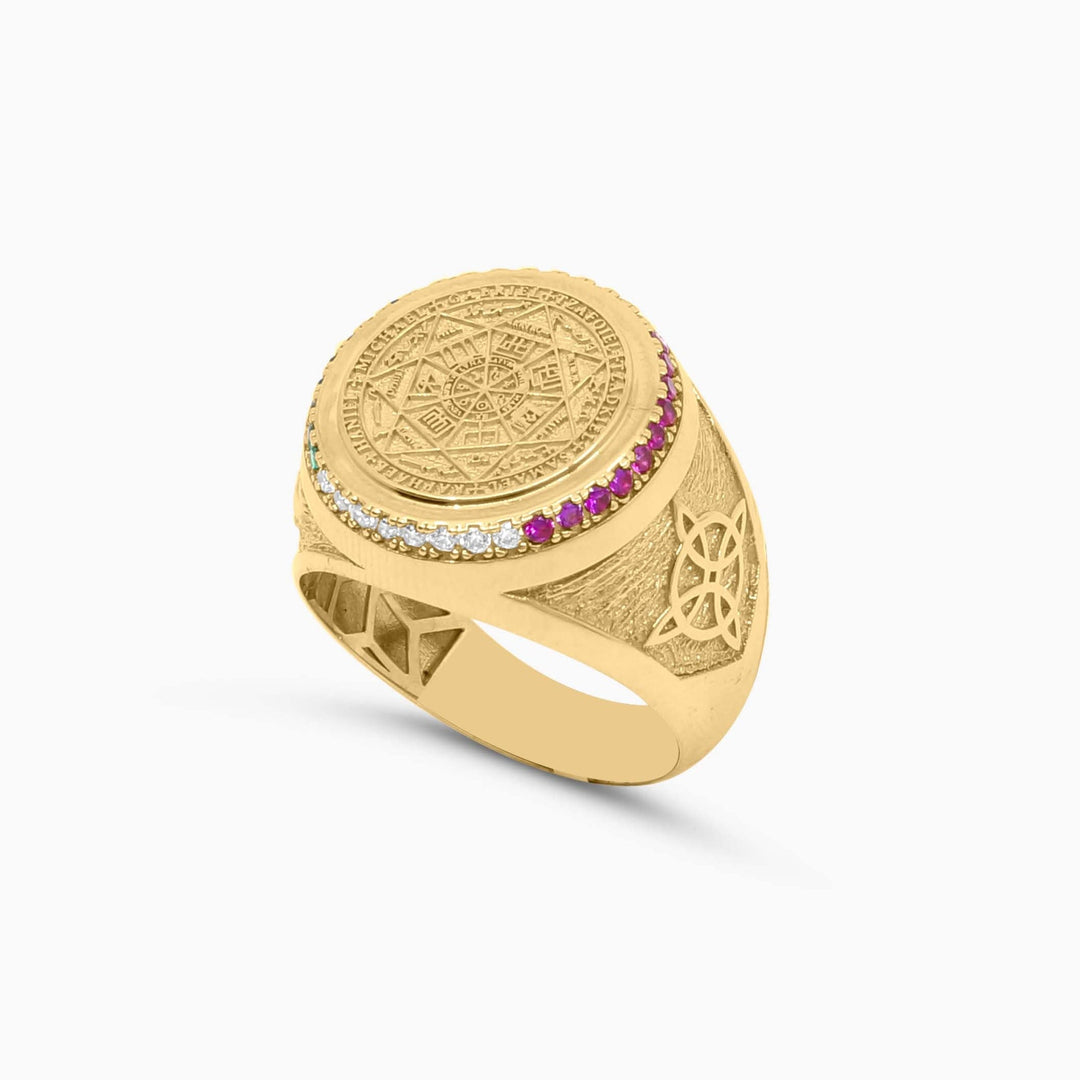 Anillo Sello Redondo en Oro 10K con Diseño Grabado y Piedras Multicolor Pochy Jewelry