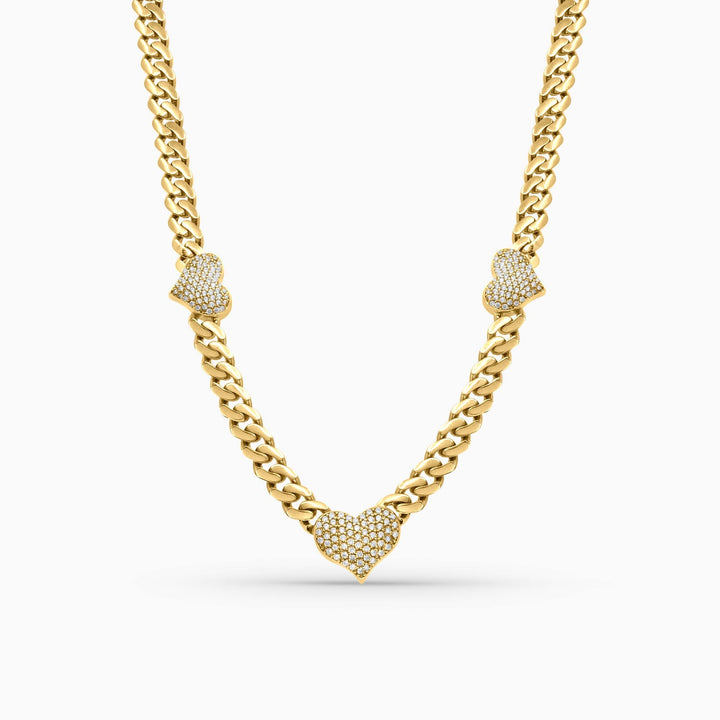 Cadena Cubana Hallow con Corazones Pavé en Oro 10K Daisy Joyeria